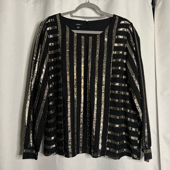 Alfani Black and Gold Metallic Striped Long Sleeve Blouse - Picture 2 of 11